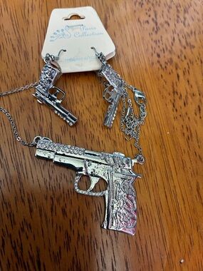 Silver-tone Gun Pendant Necklace & Earrings Set - Silver